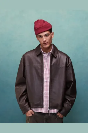 ASOS Premium real leather oversized crop harrington jacket in brown