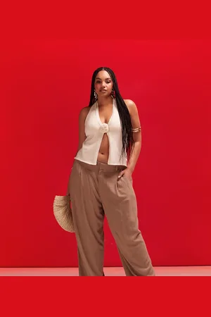 ASOS ASOS DESIGN Curve wide leg dad trousers with linen in stone stripe