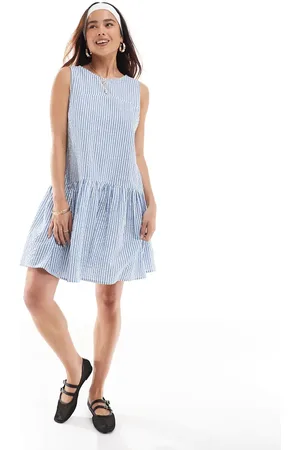 ASOS Sleeveless racer smock mini with tiered skirt in blue & white stripe