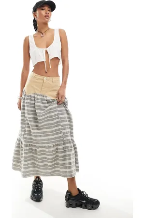 Daisy Street Mixed midi prairie skirt in check