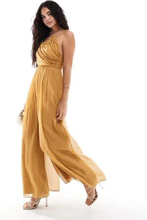 ASOS One shoulder cut out jumpsuit with chain detail in chesnut
