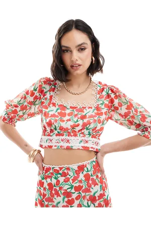 HOPE & IVY Crop top with balloon sleeves in cherry print co-ord