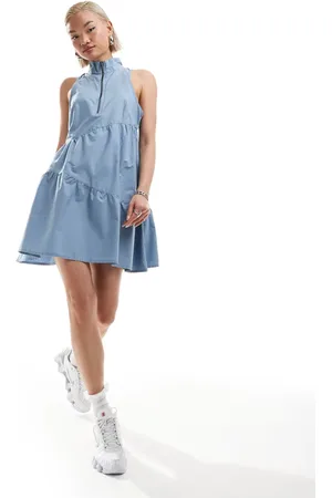 COLLUSION Cotton mini asymmetric smock dress with zip detail in blue