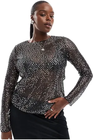 Pieces® Pieces Curve long sleeve sequin mesh top in