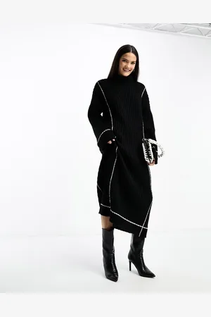 Y.A.S High neck knitted jumper midi dress in with contrast stitch