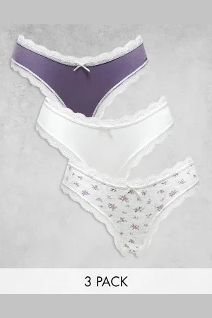 ASOS 3 pack brazilian brief in white, mauve & ditsy print with lace trim
