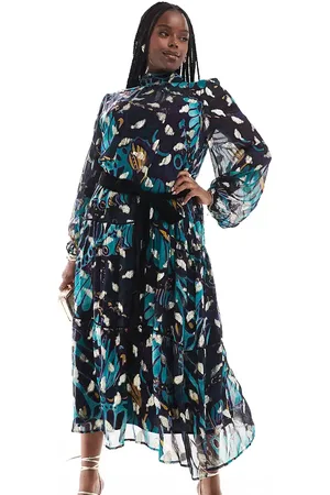 HOPE & IVY Premium printed maxi dress with velvet belt and gold fleck in teal
