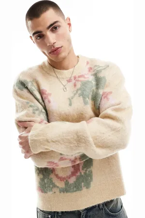 Bershka Floral knitted jumper in ecru
