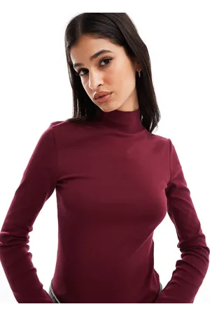 Stradivarius High neck long sleeve top in burgundy
