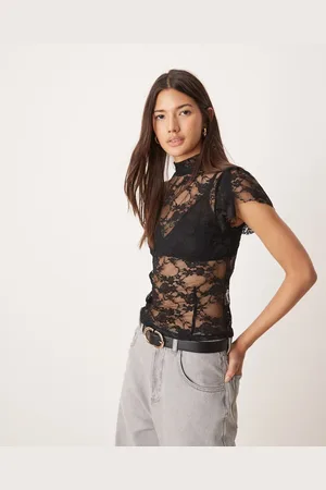 ASOS Lace angel sleeve high neck top with keyhole detail at back in