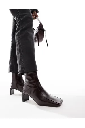 ASOS Raine premium square toe mid-heel boots in burgundy leather