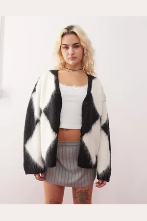 Monki Fluffy yarn knitted cardigan with v neck in black and white check jacquard