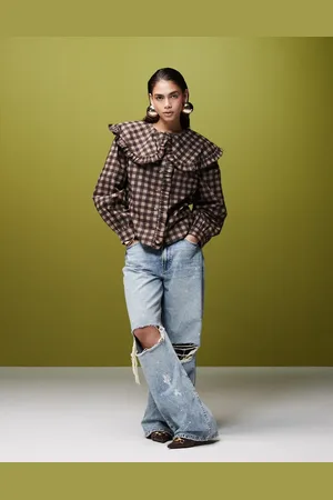 ASOS Shirt with oversized frill collar in brown check