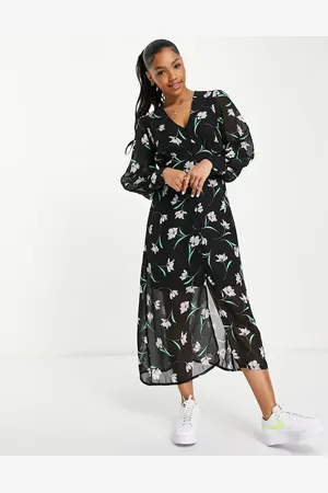 New Look Puff sleeve button through midi dress in floral