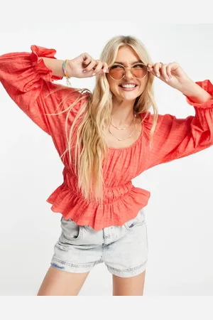 New Look Textured waist detail blouse in light coral