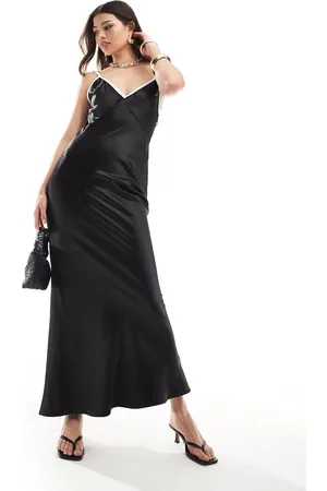 SNDYS Satin cami plunge maxi dress with contrast seam detail in
