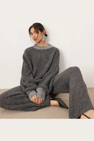 ASOS Boucle knit oversized jumper co-ord with contrast neck in charcoal