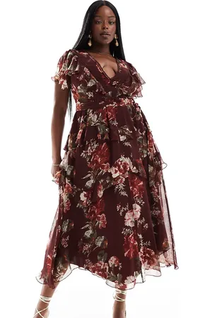 ASOS ASOS DESIGN Curve tiered midi dress with lace insert and open back in burgundy floral