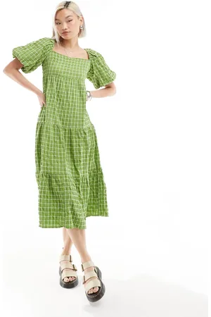 Monki Tiered midi sun dress with open back in pane check