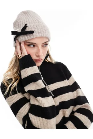 ASOS Beanie in oatmeal with black bow detail