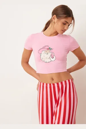 Urban Threads Christmas cowboy santa polyshort sleeve t shirt and trouser pyjama set in pink and red stripe print