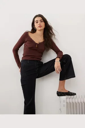 Miss Selfridge Tie front detail long sleeve top in chocolate