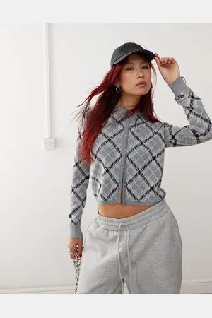Monki Cardigan with button front in check pattern jacquard