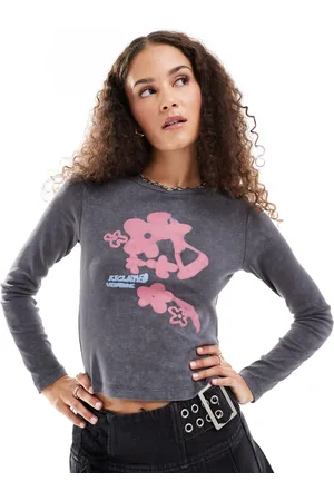 Reclaimed Long sleeve rib top with floral print in washed charcoal