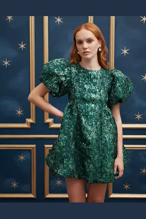 Sister Jane Puff sleeve mini jacquard dress in emerald
