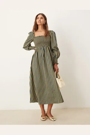 Glamorous Shirred midi dress with puff sleeves in navy stripe