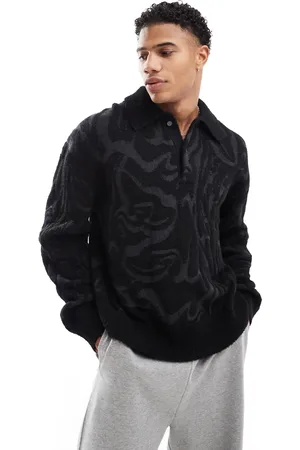 Weekday Bobby knitted polo with wavy graphic in and grey