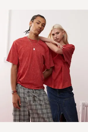 Reclaimed Unisex cropped boxy t-shirt in washed burgundy