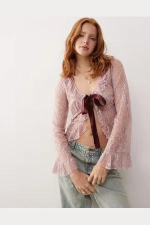 Reclaimed Tie front lace top with burgundy bow in