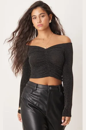 Miss Selfridge Ruched gold glitter off the shoulder long sleeve top