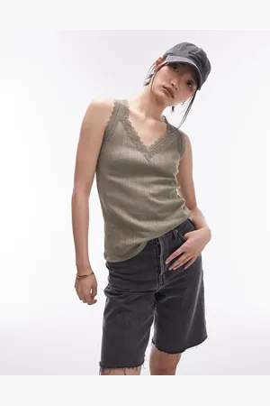 Topshop V neck lace pointelle cami in khaki