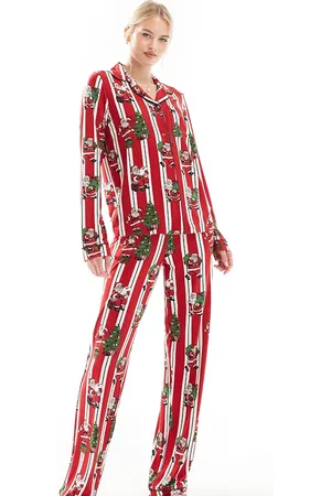 Chelsea Peers Poly Christmas His & Hers long sleeve revere and trouser pyjama set in vintage santa stripe print