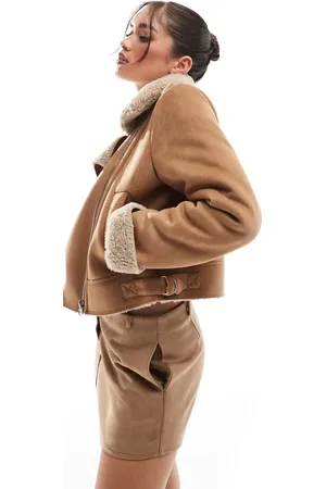 Stradivarius Borg lined biker jacket in camel