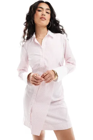 ASOS Mini shirt dress with side ruching detail and contrasting collar in pink and white stripe