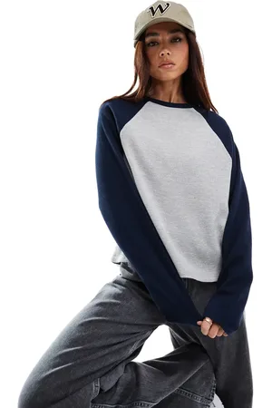 ASOS Raglan long sleeve top in waffle in grey and navy
