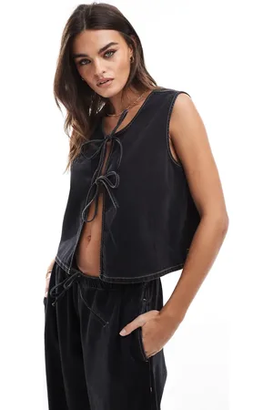 ASOS Denim tie front waistcoat in washed