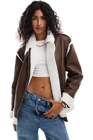 SNDYS Leather look borg contrast aviator jacket in