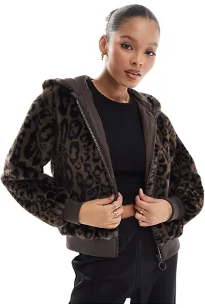 Stradivarius STR faux fur zip up hooded bomber jacket in leopard print
