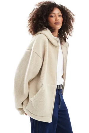 ASOS Oversized borg zip through hoodie with funnel neck in stone