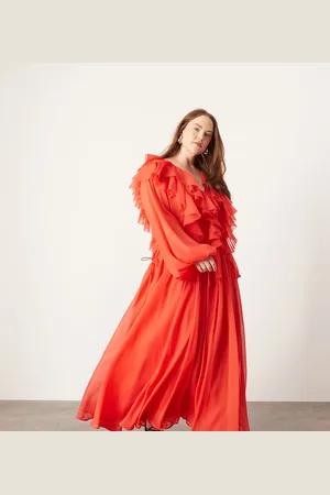 ASOS Curve chiffon raw edge ruffle maxi dress with drawstring waist in red