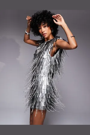 ASOS Fringe embellished padded shoulder mini dress in