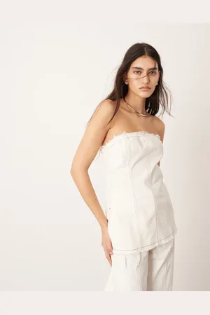 ASOS Denim seam detail bandeau top co-ord with raw edge in ecru
