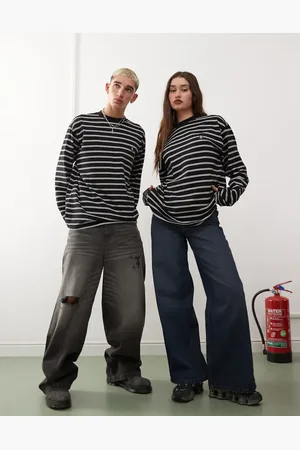 Dr Denim Unisex Caiden long sleeve relaxed fit heavyweight double stripe top in and white