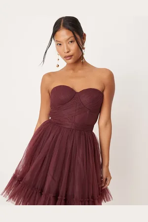 Lace & Beads Corset tulle overlay mini dress in plum