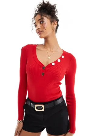 Morgan Knitted rib long sleeve button detail top in
