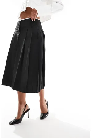 ASOS Raw edge pleated tailored midi skirt in charcoal stripe